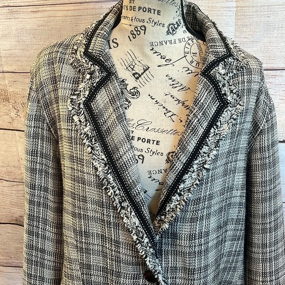 Chico's Black and White Tweed Fringe Blazer